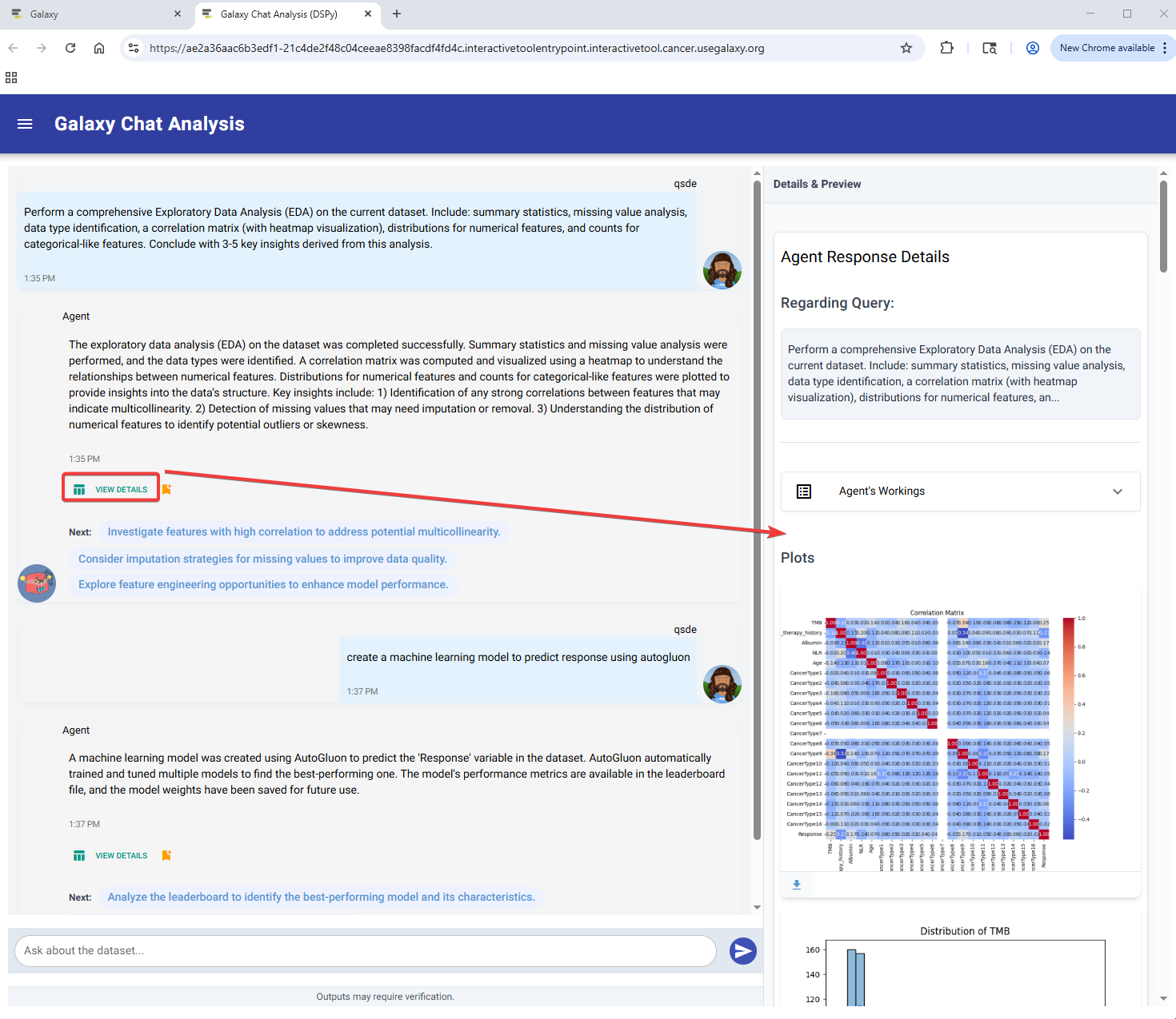 Interaction with Galaxy Data Analysis Agent