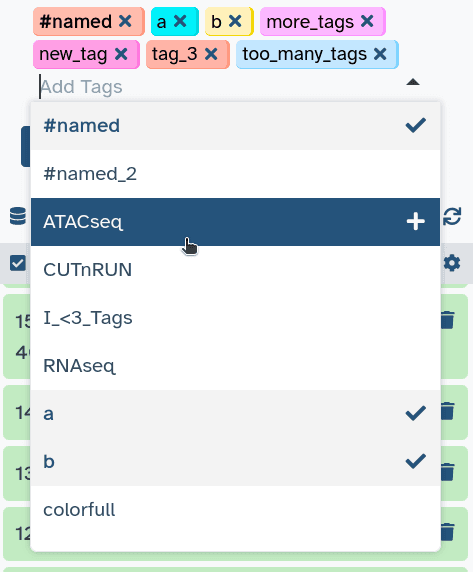 The tags autocompletion menu open, showing some options. Mouse hovering over option 