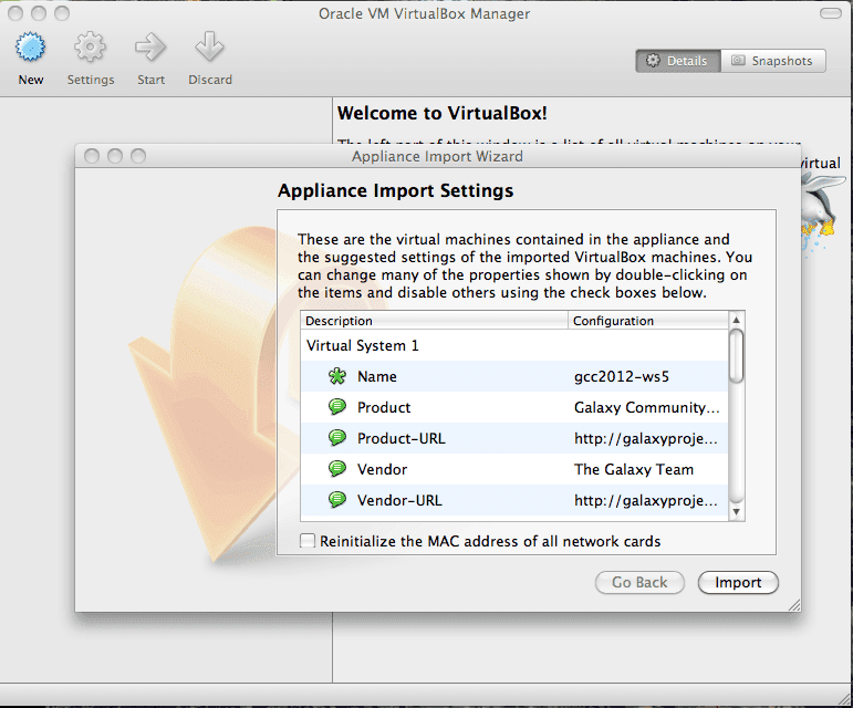 Appliance Import Settings Window; click to enlarge