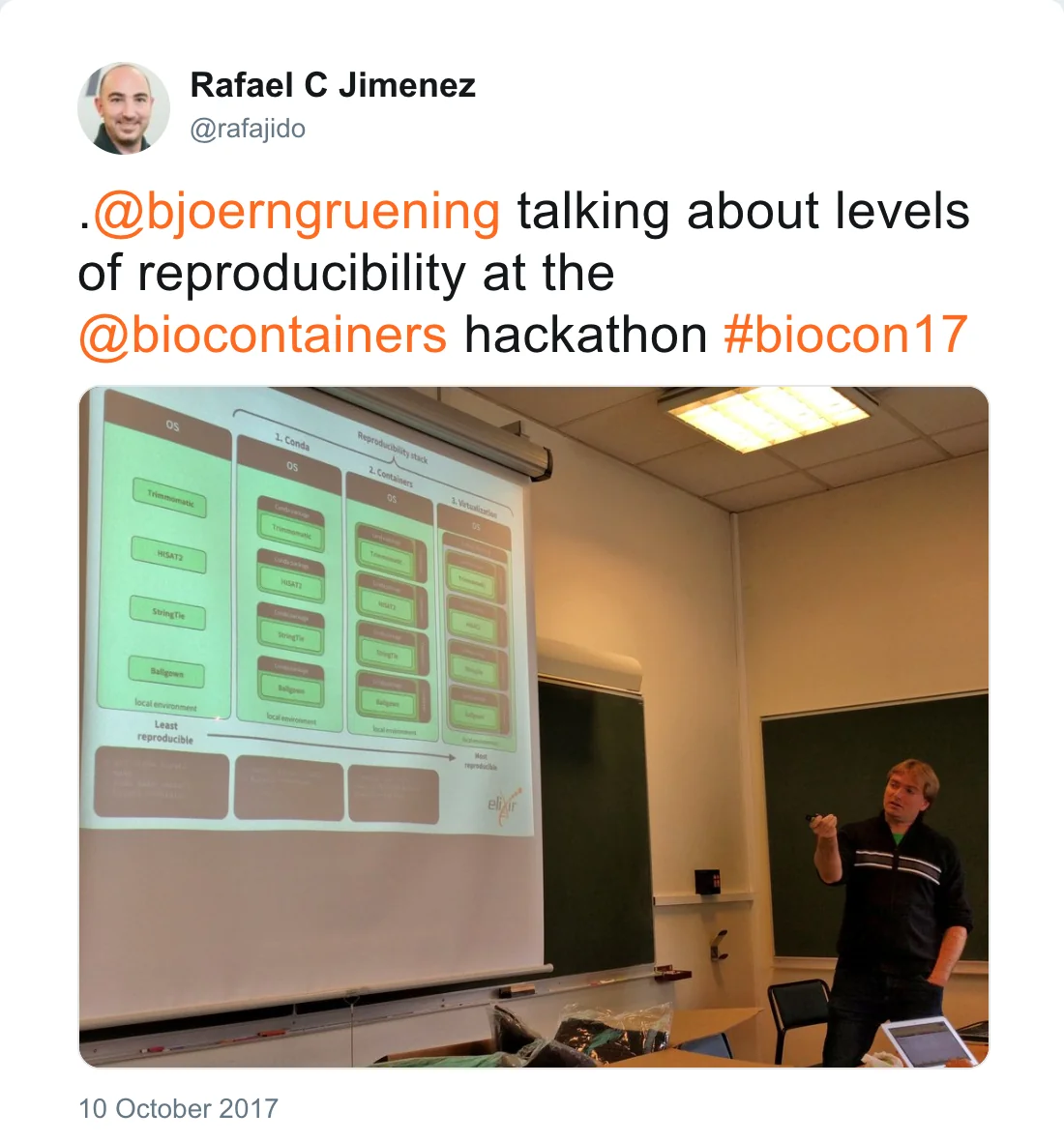 Post by Rafael C Jimenez (@rafajido): .@bjoerngruening talking about levels of reproducibility at the @biocontainers hackathon #biocon17