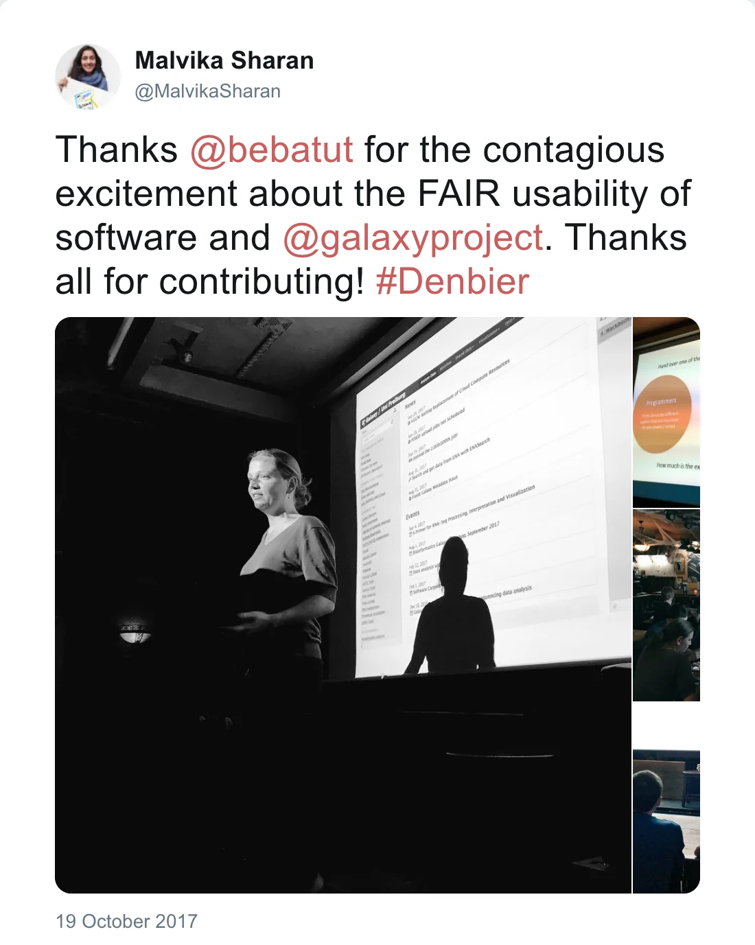 Post by Malvika Sharan (@MalvikaSharan): Thanks @bebatut for the contagious excitement about the FAIR usability of software and @galaxyproject. Thanks all for contributing! #Denbier