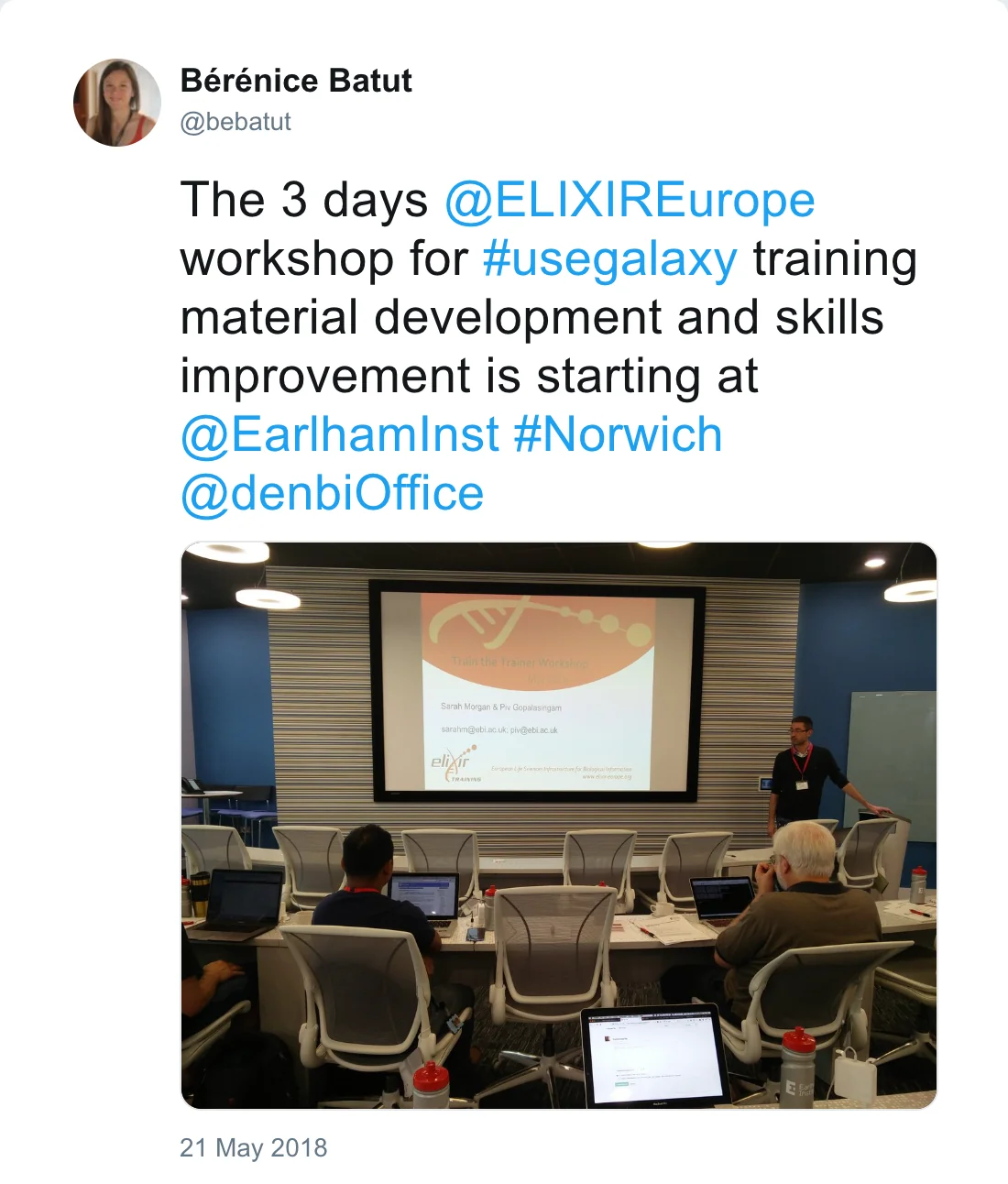 Post by Bérénice Batut (@bebatut): The 3 days @ELIXIREurope workshop for #usegalaxy training material development and skills improvement is starting at @EarlhamInst #Norwich @denbiOffice