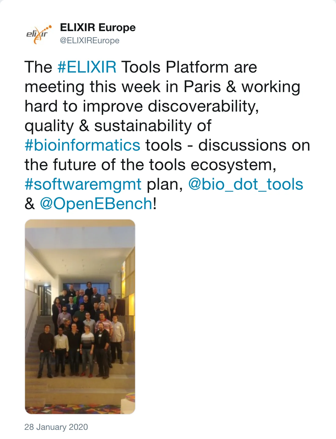 Post by ELIXIR Europe (@ELIXIREurope): The #ELIXIR Tools Platform are meeting this week in Paris & working hard to improve discoverability, quality & sustainability of #bioinformatics tools - discussions on the future of the tools ecosystem, #softwaremgmt plan, @bio_dot_tools & @OpenEBench!