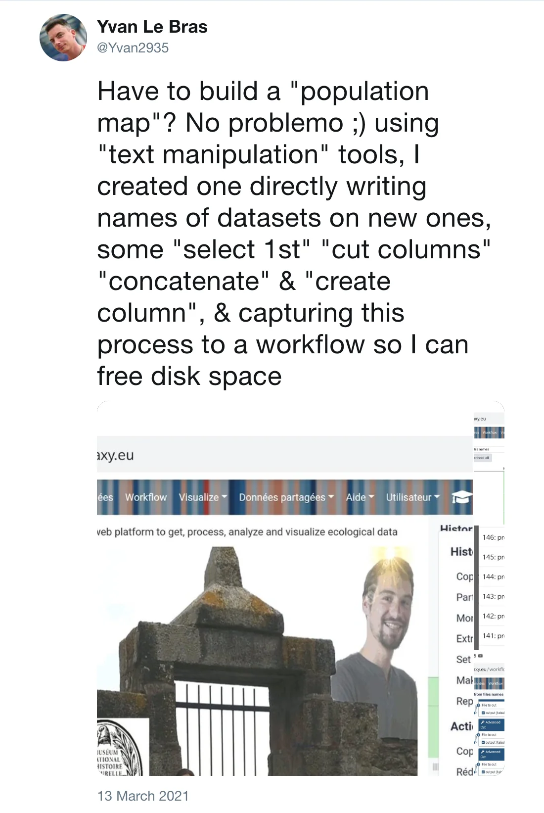 Post by Yvan Le Bras (@Yvan2935): Have to build a "population map"? No problemo ;) using "text manipulation" tools, I created one directly writing names of datasets on new ones, some "select 1st" "cut columns" "concatenate" & "create column", & capturing this process to a workflow so I can free disk space