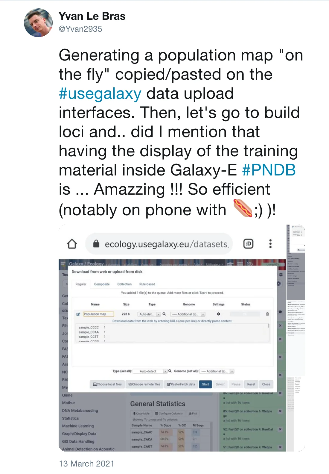Post by Yvan Le Bras (@Yvan2935): Generating a population map "on the fly" copied/pasted on the #usegalaxy data upload interfaces. Then, let's go to build loci and.. did I mention that having the display of the training material inside Galaxy-E #PNDB is ... Amazzing !!! So efficient (notably on phone with ;) )!