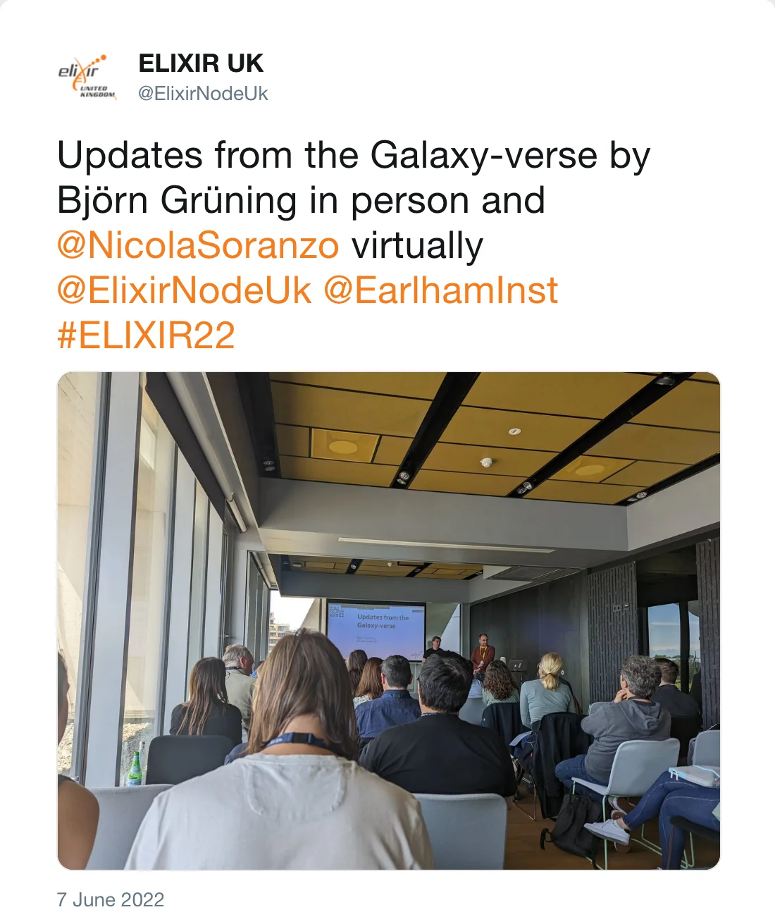 Post by ELIXIR UK (@ElixirNodeUk): Updates from the Galaxy-verse by Björn Grüning in person and @NicolaSoranzo virtually @ElixirNodeUk @EarlhamInst #ELIXIR22