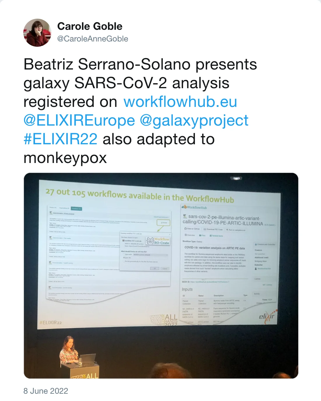 Post by Carole Goble (@CaroleAnneGoble): Beatriz Serrano-Solano presents galaxy SARS-CoV-2 analysis registered on http://workflowhub.eu @ELIXIREurope @galaxyproject #ELIXIR22 also adapted to monkeypox
