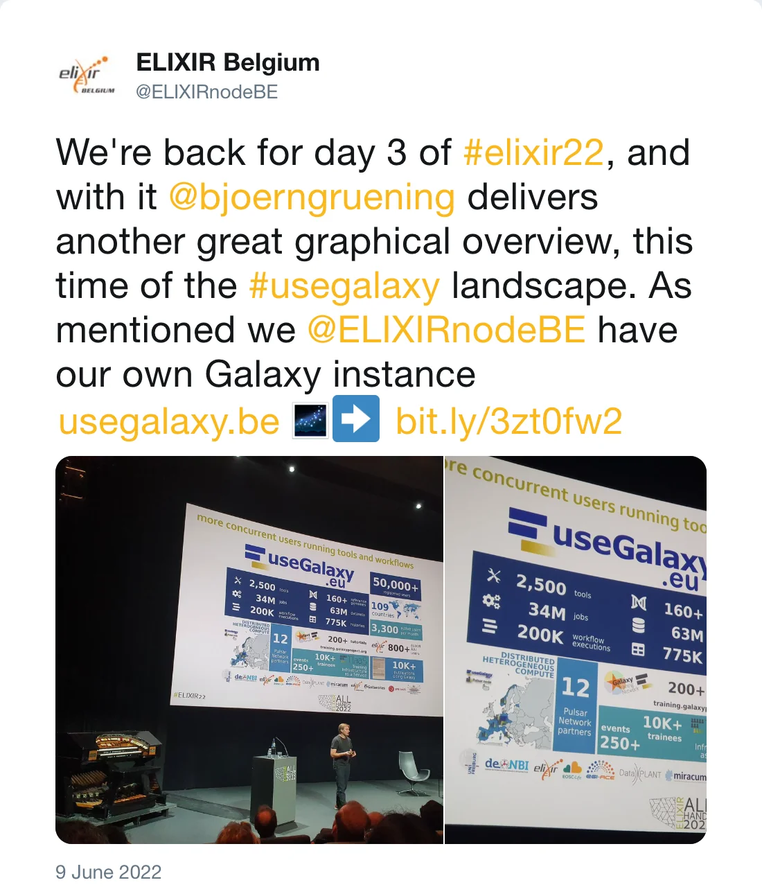 Post by ELIXIR Belgium (@ELIXIRnodeBE): We're back for day 3 of #elixir22, and with it @bjoerngruening delivers another great graphical overview, this time of the #usegalaxy landscape. As mentioned we @ELIXIRnodeBE have our own Galaxy instance http://usegalaxy.be https://bit.ly/3zt0fw2