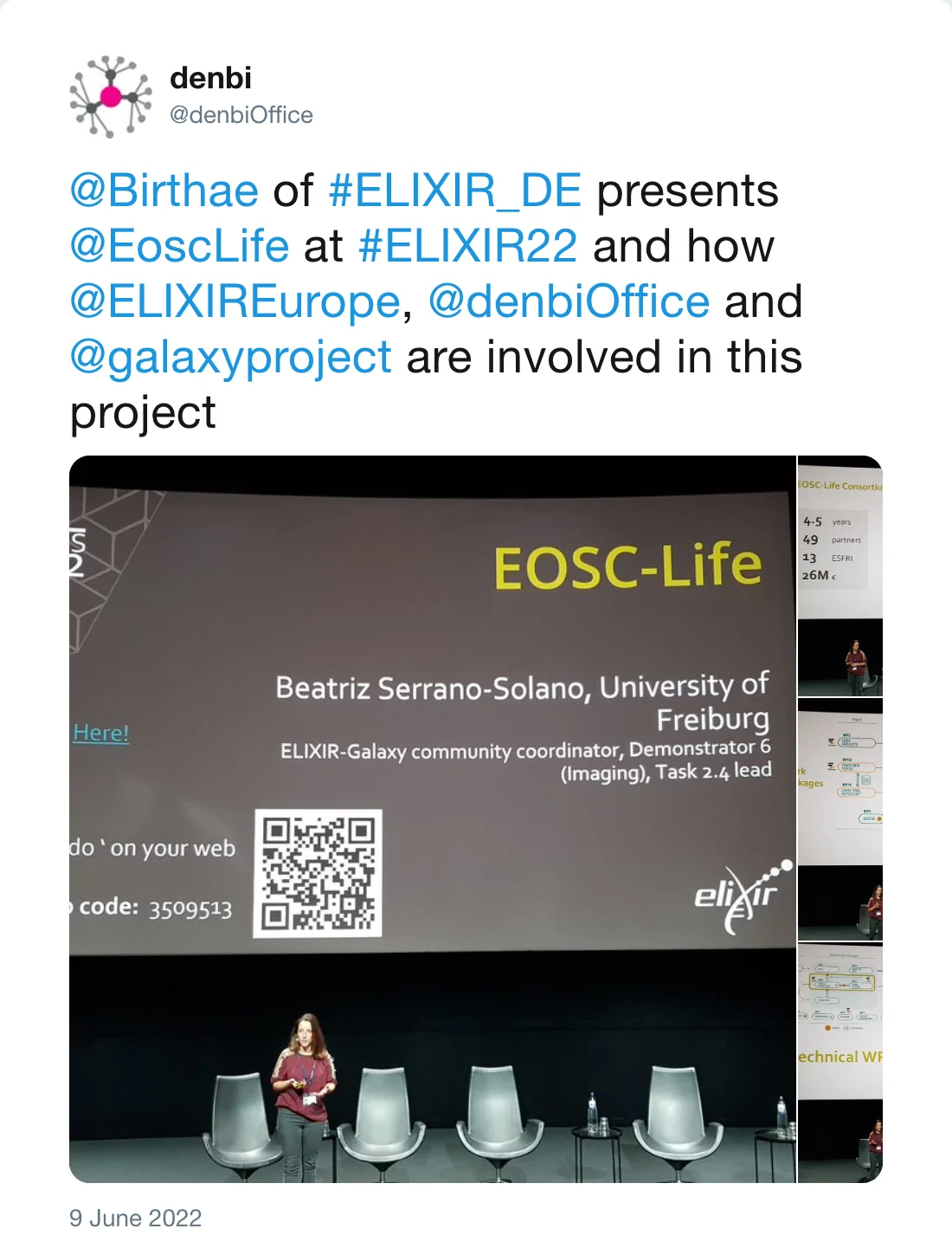 Post by denbi (@denbiOffice): @Birthae of #ELIXIR_DE presents @EoscLife at #ELIXIR22 and how @ELIXIREurope, @denbiOffice and @galaxyproject are involved in this project
