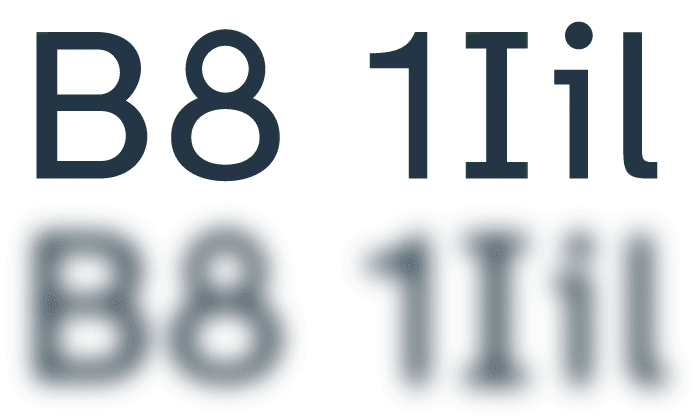 Comparison showing the letters "B8 1Iil" sharp and blurred in the Atkinson Hyperlegible font