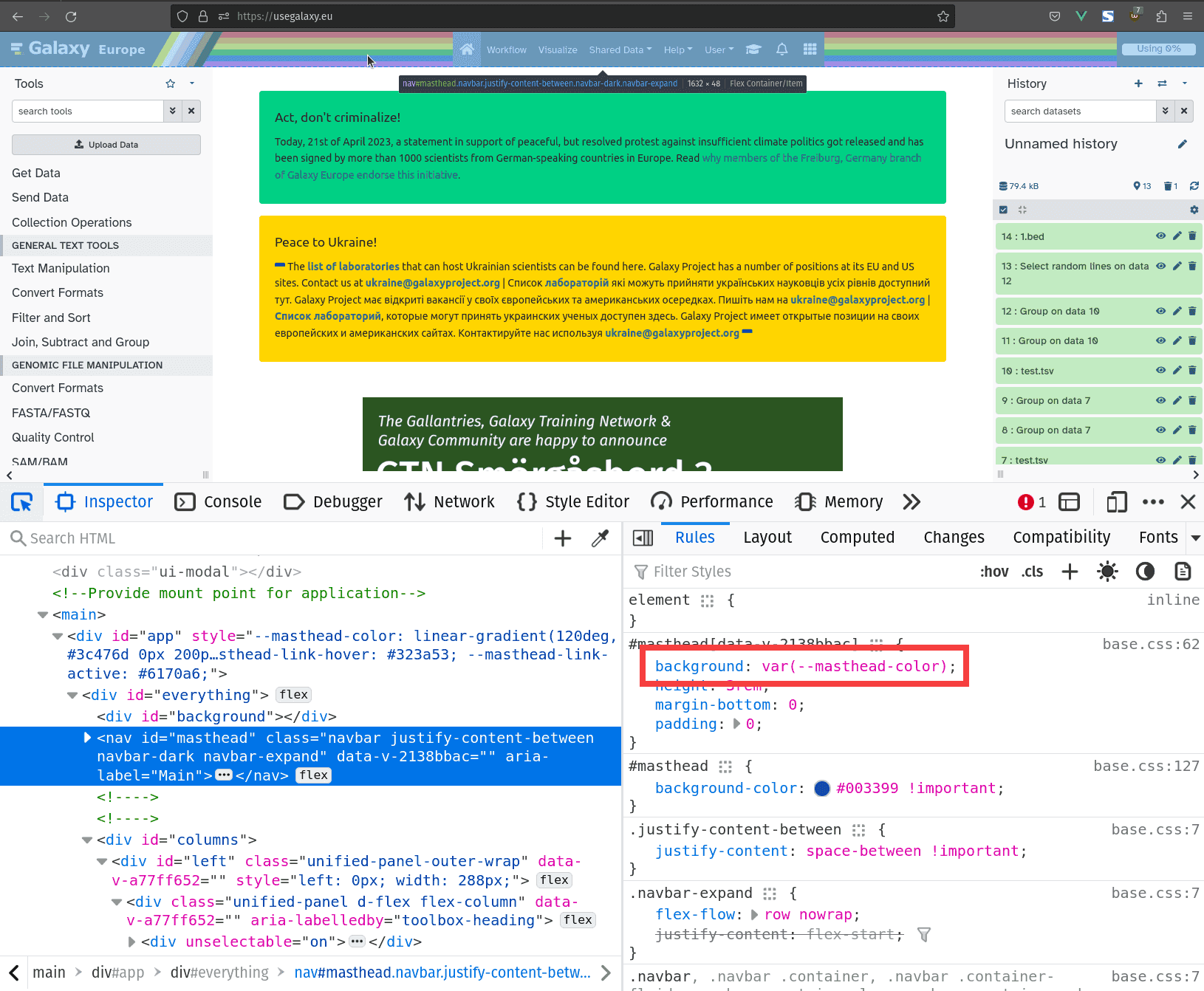 Screenshot of Firefox dev tools, with the CSS variable "--masthead-color" being applied to the CSS property "background"