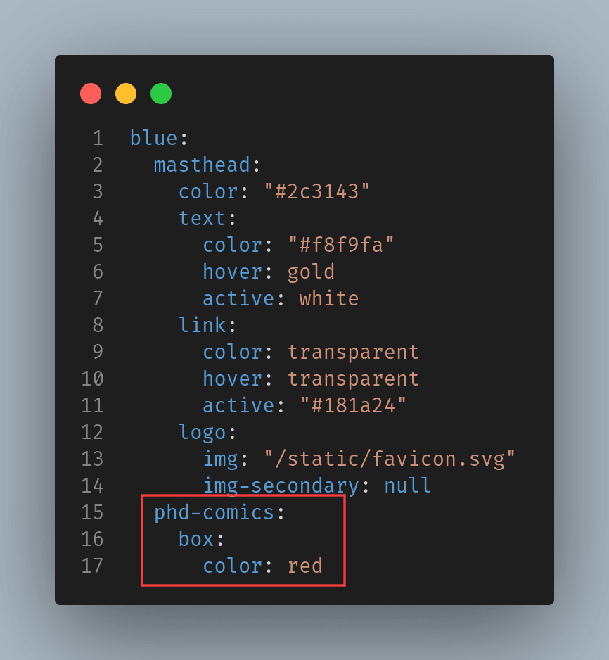 The default theme with an additional section added, containing the selectors "phd-comics", "box", and "color" with the value "red"