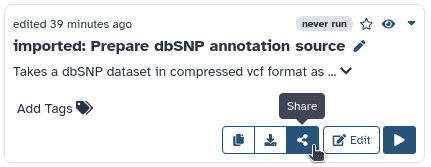 a workflow from the workflow list with a cursor hovering over a "share" button