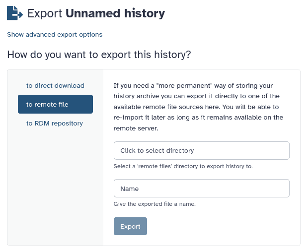 History export screen