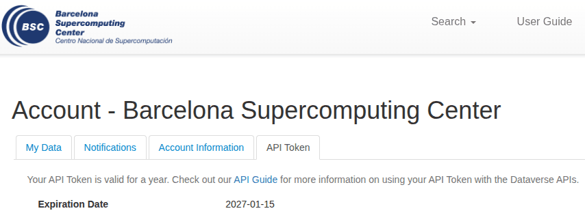 BSC Dataverse account page showing the API Token tab and token validity