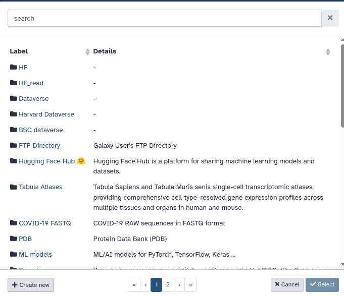Galaxy: repository picker showing available file sources including BSC Dataverse