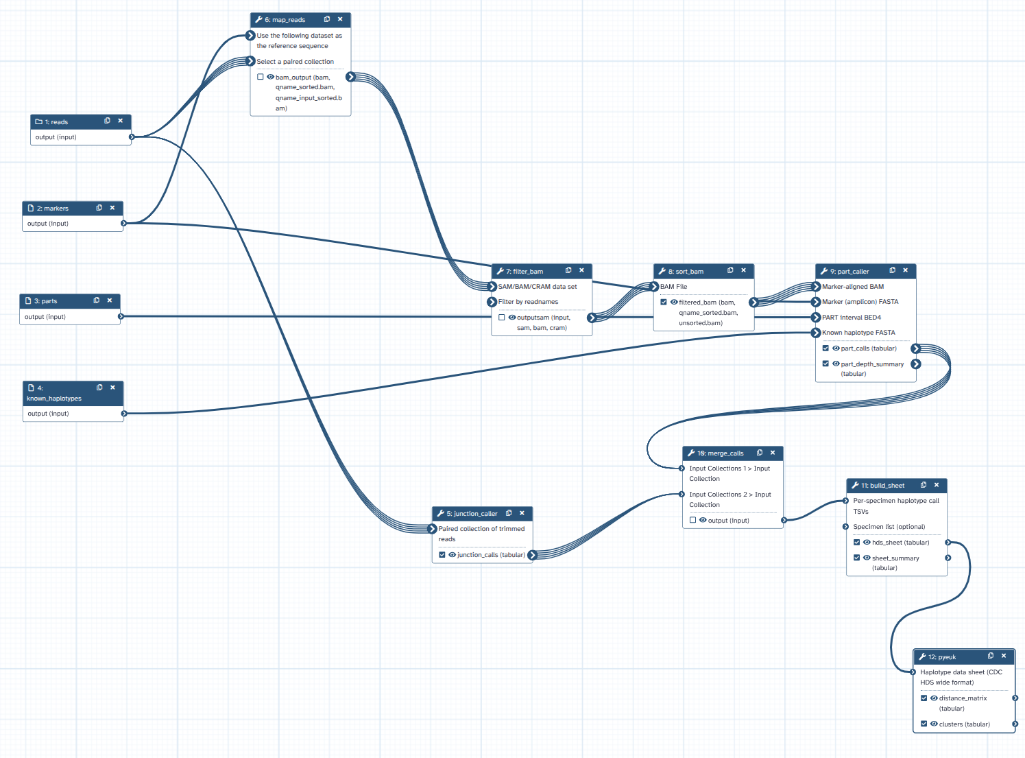 The workflow in the Galaxy editor: reads and the reference trio enter on the left, fan out through map_reads, filter_bam, sort_bam and the two callers, then converge through merge_calls and build_sheet into pyeuk, which emits the distance matrix and clusters.