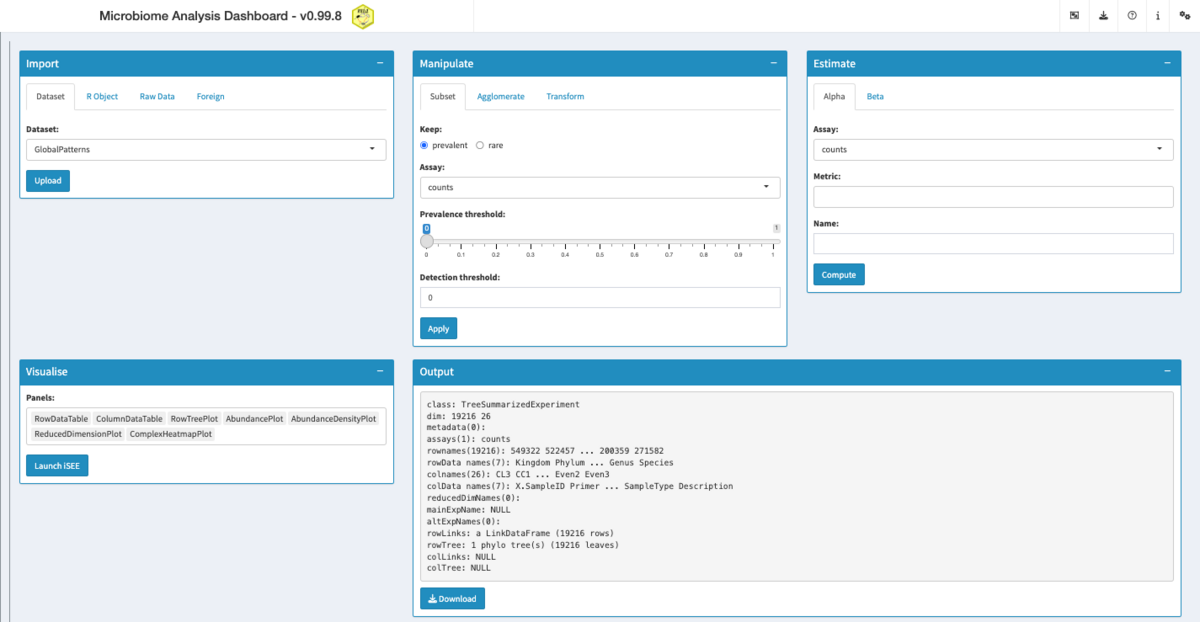 The miaDash dashboard, with the Import, Manipulate, Analyse and Visualise windows