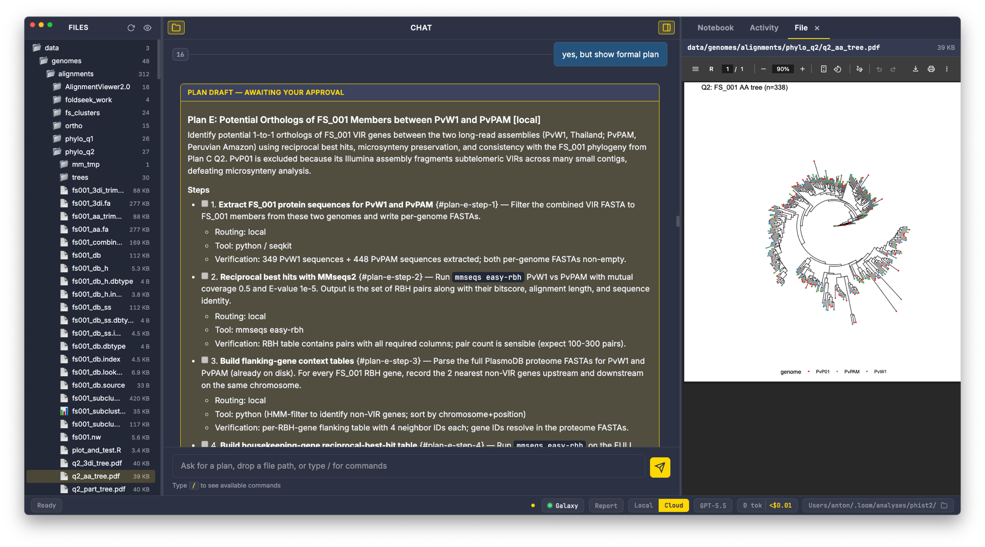 Orbit's three-pane layout: the Files panel on the left, Chat in the center with a plan draft card awaiting approval, and a phylogenetic tree PDF open in the File tab on the right